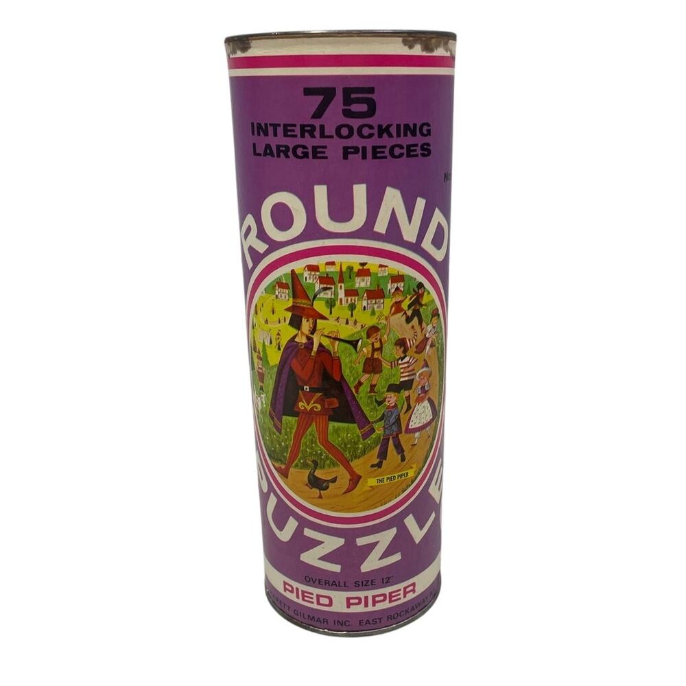 Vintage 1970s Pied Piper 12" HG Toys Round Puzzle in Metal Tube Missing 1 Piece